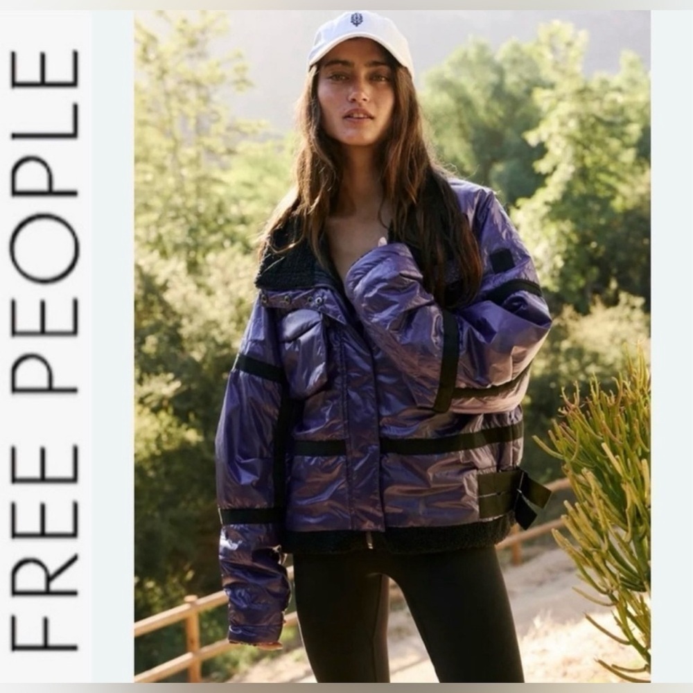 Free People Vagabond Fleece Bomber Jacket Royal Purple and Black